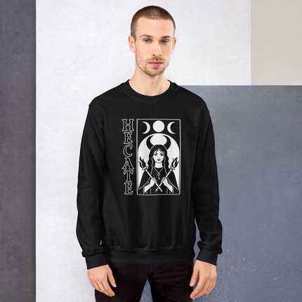 Triple Moon witch sweatshirt featuring Hecate goddess torches and magic key graphic print.