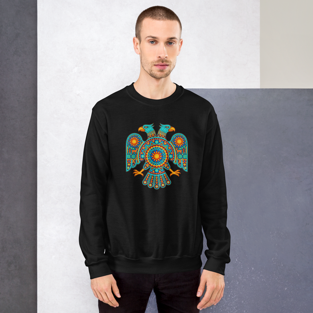 Vibrant Huichol two-headed eagle indigenous art sweatshirt design print.