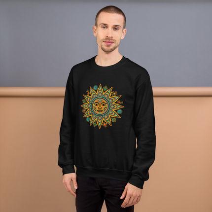 Huichol sun symbol graphic on a vibrant indigenous style pullover sweatshirt.