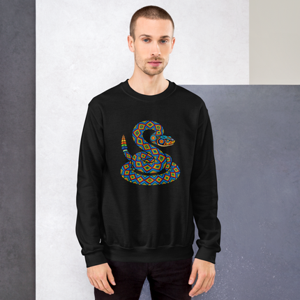 Vibrant Huichol rattlesnake art pullover featuring geometric colorful snake print on a cozy sweatshirt.