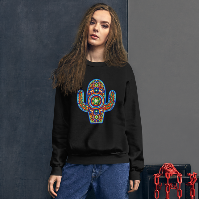 Vibrant Huichol cactus art print on pullover sweatshirt, featuring colorful Mexican indigenous patterns.