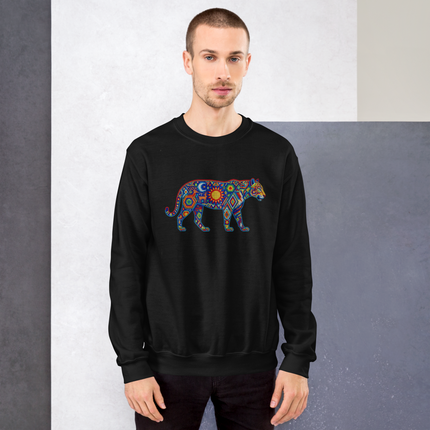 Colorful Huichol Jaguar art printed on a tribal style pullover sweatshirt.