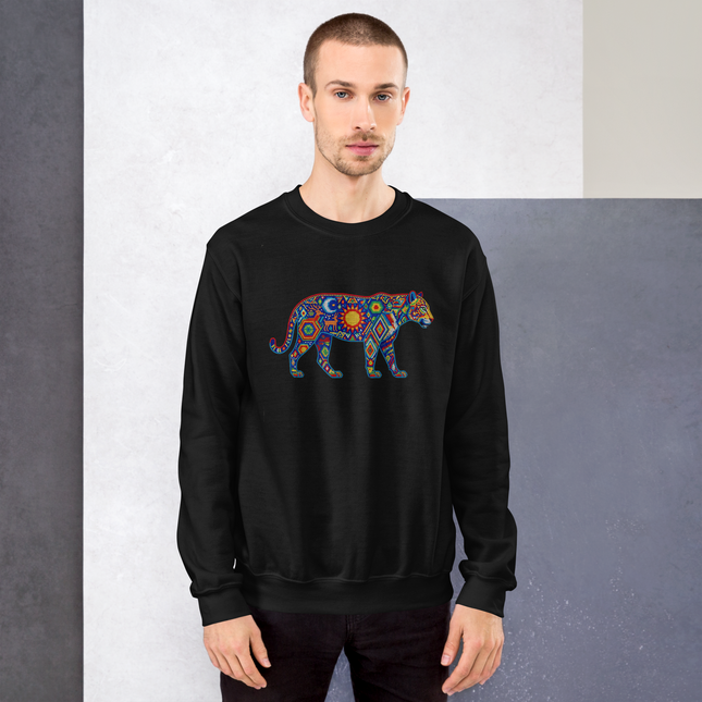 Colorful Huichol Jaguar art printed on a tribal style pullover sweatshirt.