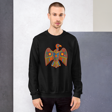 Mexican Huichol vulture pullover featuring vibrant indigenous folk art patterns.