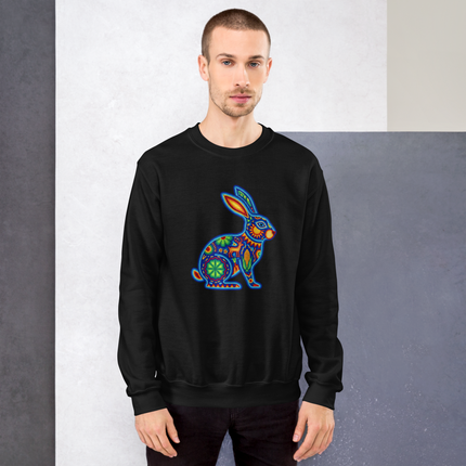 Colorful Huichol beaded rabbit design pullover sweatshirt, featuring vibrant Mexican folk art style.