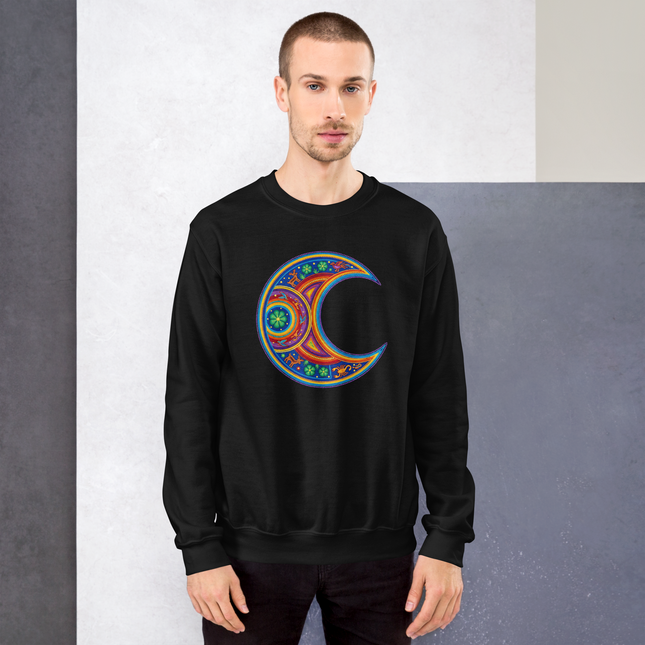 Vibrant Huichol moon crescent indigenous art printed on a cozy pullover sweatshirt.