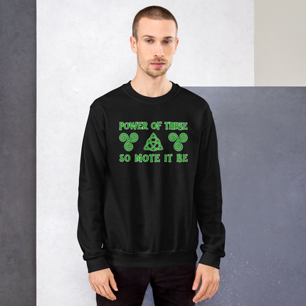 Witchy Celtic triquetra triskelion knotwork design on a unisex pullover sweater.