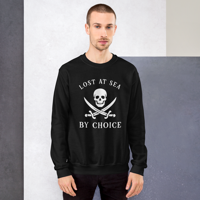 Pirate skull and sword graphic sweatshirt with nautical "Lost At Sea" theme pullover.