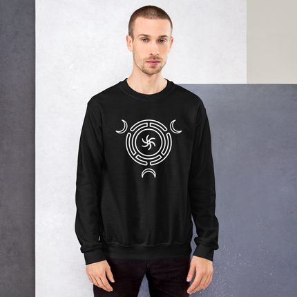 Hecate's Wheel and Triple Goddess Moon symbol design printed on a pagan witchcraft pullover sweatshirt.