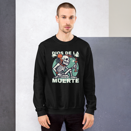 Dios de la Muerte skeleton graphic pullover sweatshirt featuring Mayan God of Death art.