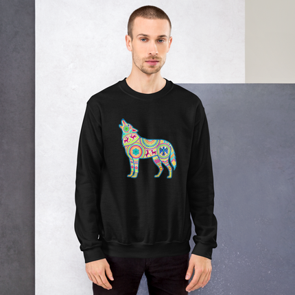 Colorful Huichol howling wolf design on a Mexican folk art style sweatshirt pullover.