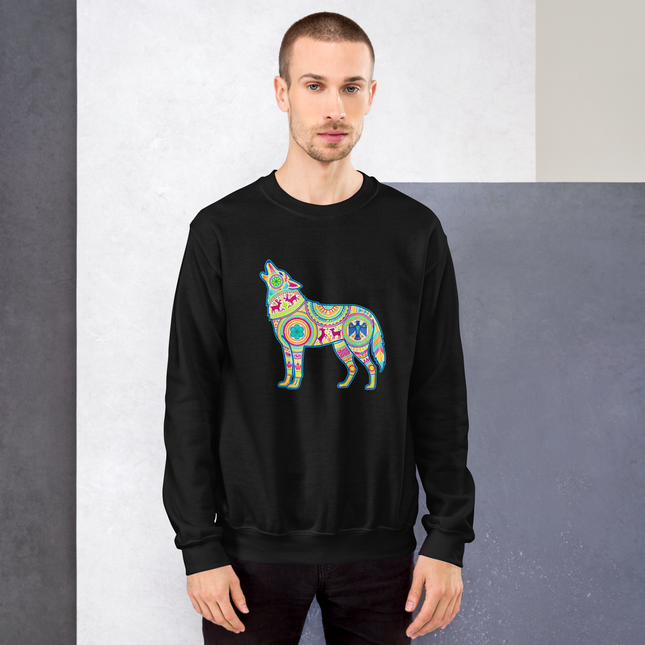 Colorful Huichol howling wolf design on a Mexican folk art style sweatshirt pullover.