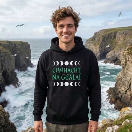 Black hoodie featuring moon phases and Irish Gaelic text: Cumhacht na Gealái.