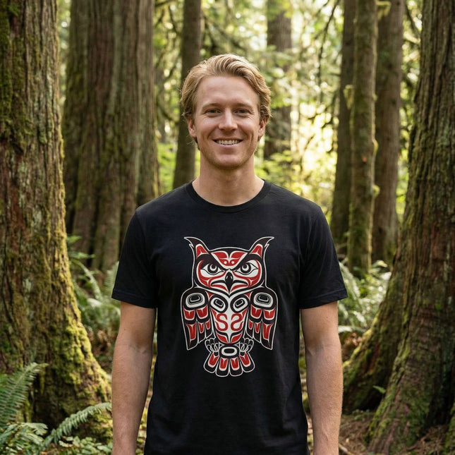 Red Black Owl T-Shirt | Pacific Northwest Indigenous Art Formline Design | Owl
