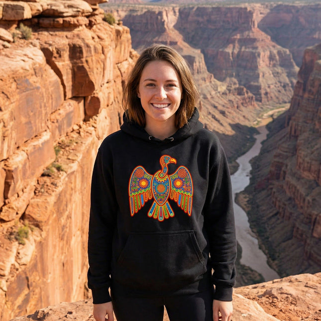Huichol Vulture Hoodie | Colorful Indigenous Art Graphic Pullover Hoodie