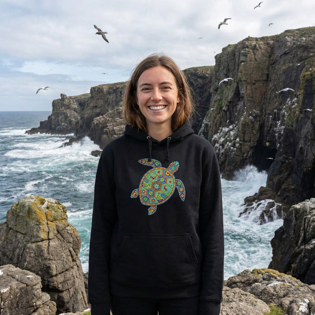 Huichol Turtle Hoodie | Vibrant Tribal Sea Turtle Pullover Hoodie