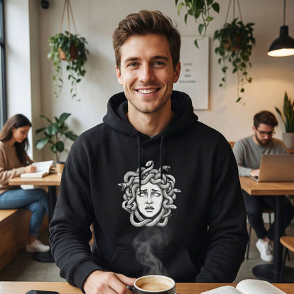 Medusa Gorgon head graphic print on a black unisex mythology hoodie.