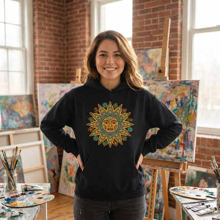 Huichol Sun Hoodie | Colorful Indigenous Mexican Art Pullover Hoodie