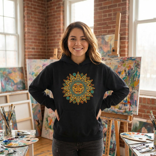 Huichol Sun Hoodie | Colorful Indigenous Mexican Art Pullover Hoodie