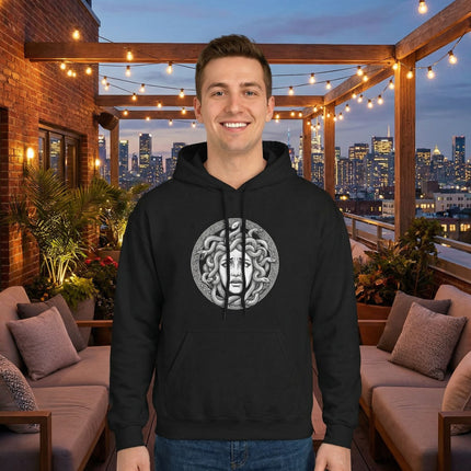 Medusa Gorgon head graphic on a black hoodie, featuring detailed snakes and Greek mythology art.