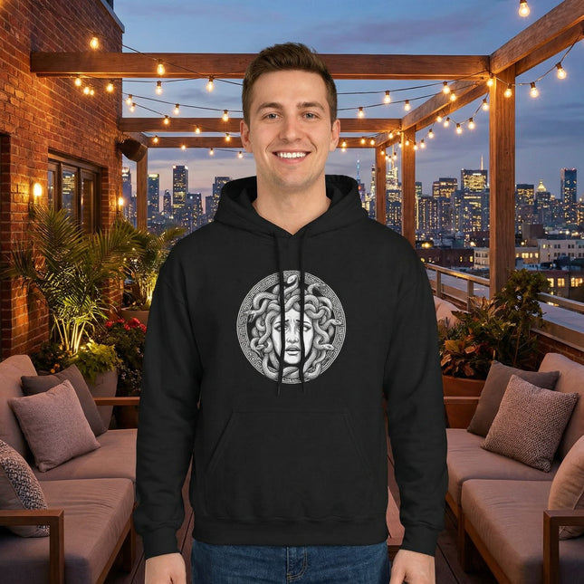 Medusa Gorgon head graphic on a black hoodie, featuring detailed snakes and Greek mythology art.