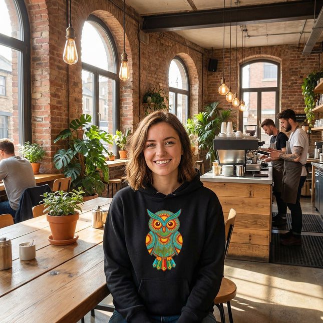 Huichol Owl Hoodie | Vibrant Mexican Tribal Folk Art Pullover Hoodie