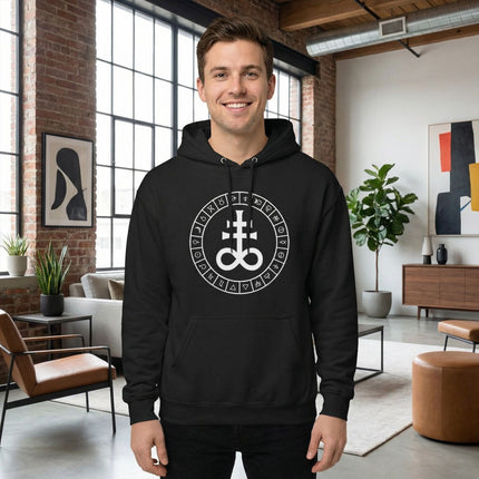 Black occult hoodie featuring esoteric alchemical symbols and the central Leviathan Cross design.