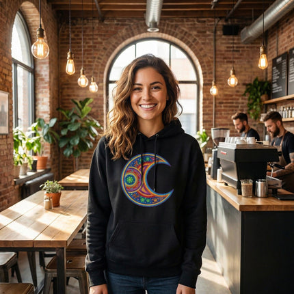 Huichol Moon Hoodie | Colorful Indigenous Art Crescent Pullover Hoodie
