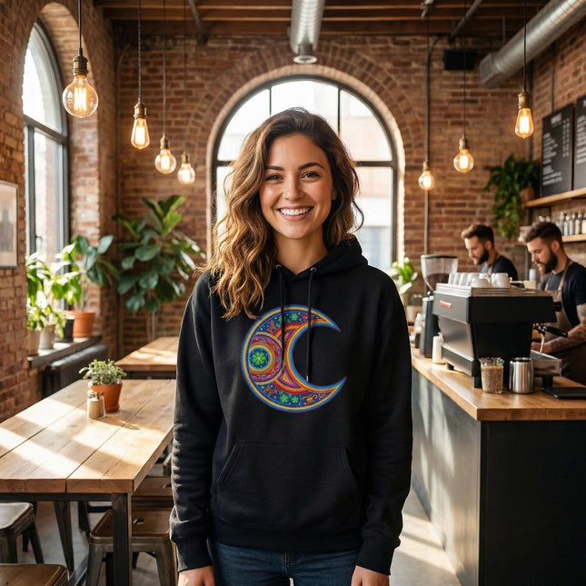 Huichol Moon Hoodie | Colorful Indigenous Art Crescent Pullover Hoodie
