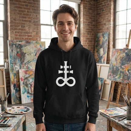 Black pullover hoodie featuring the white Leviathan Cross esoteric alchemical symbol.