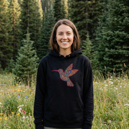 Huichol Hummingbird Art Hoodie | Colorful Indigenous Bird Symbol Pullover Hoodie