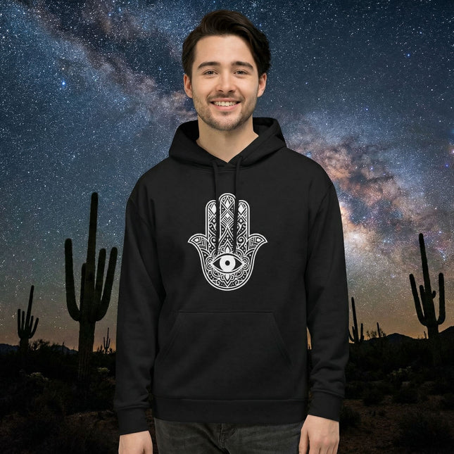 Ornate Hamsa hand and Evil Eye design on a black spiritual protection hoodie.