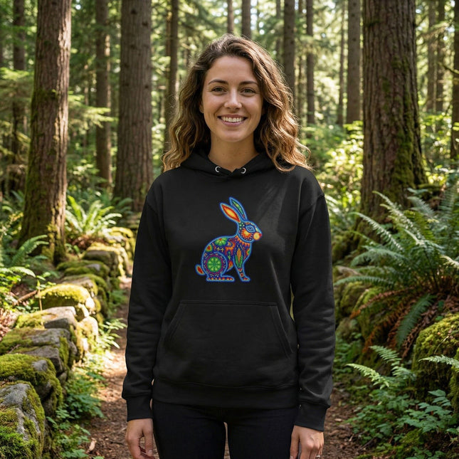 Colorful Huichol Rabbit Hoodie | Mexican Folk Art Inspired Pullover Hoodie
