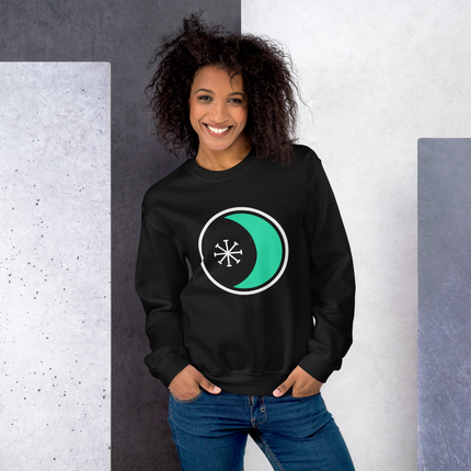Wiccan sweatshirt design featuring crescent moon, wheel symbol, and pagan witchcraft motifs.