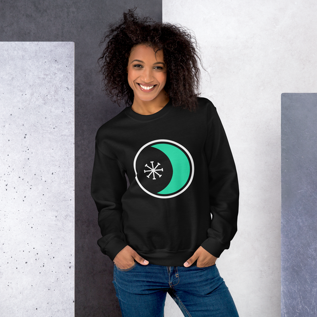 Wiccan sweatshirt design featuring crescent moon, wheel symbol, and pagan witchcraft motifs.