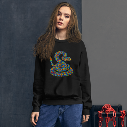 Colorful geometric rattlesnake art printed on a comfortable Huichol-style pullover sweatshirt.