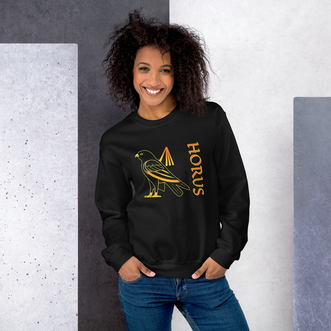 Egyptian Horus falcon god graphic print sweatshirt featuring ancient Egyptian mythology design.