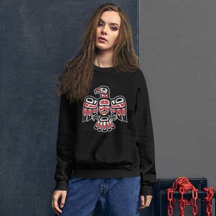 Indigenous hawk formline art pullover sweatshirt featuring Pacific Northwest tribal design.