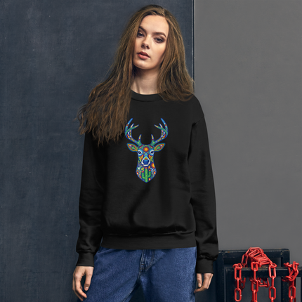 Mexican folk art sweatshirt featuring a vibrant Huichol geometric deer symbol pullover.