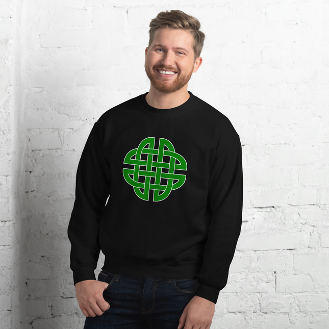 Green Celtic knotwork shield graphic unisex pullover sweatshirt featuring intricate green design.