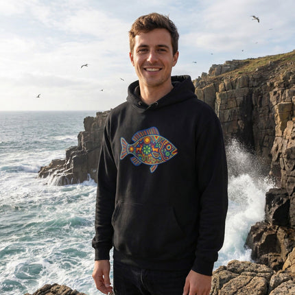 Huichol Fish Hoodie | Colorful Mexican Folk Art Deer Sun Pullover Hoodie