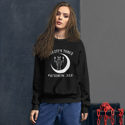 Goddess Hecate's Torch Guides Me sweatshirt featuring pagan moon and witch symbols.