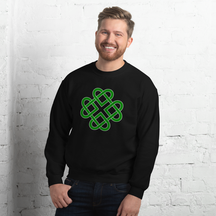 Green sweatshirt featuring a celtic knot heart and clover graphic print. Unisex symbolic pullover.