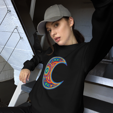 Huichol art moon crescent design on vibrant pullover sweatshirt featuring indigenous patterns.