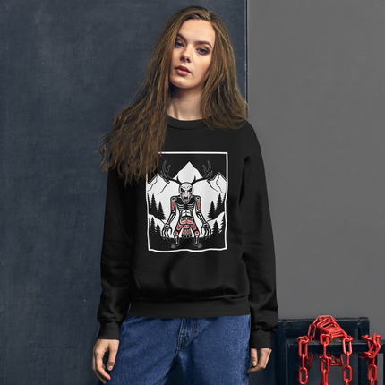 Wendigo antler skull cryptid folklore print on a mountain forest sweatshirt pullover.