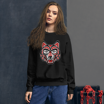 Wolf spirit artwork on a cozy sweatshirt, featuring Pacific Northwest indigenous animal designs.