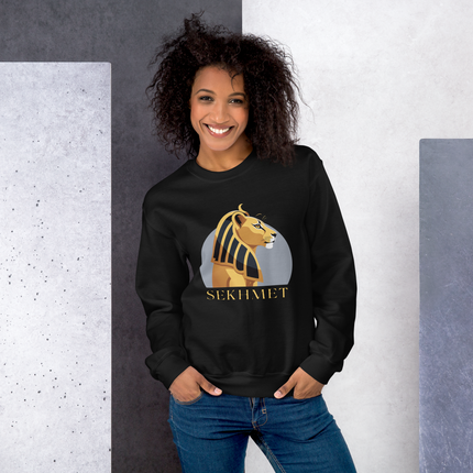 Sekhmet Egyptian Goddess graphic pullover sweatshirt featuring a powerful lion motif print.