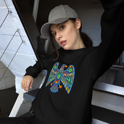 Colorful Huichol Eagle tribal design pullover sweatshirt featuring Mexican folk art patterns.