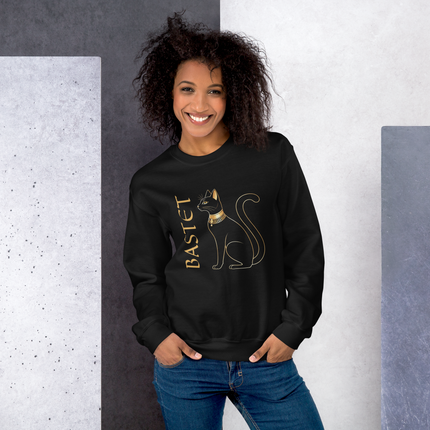 Bastet cat graphic sweatshirt featuring an Egyptian goddess design and text pullover print.