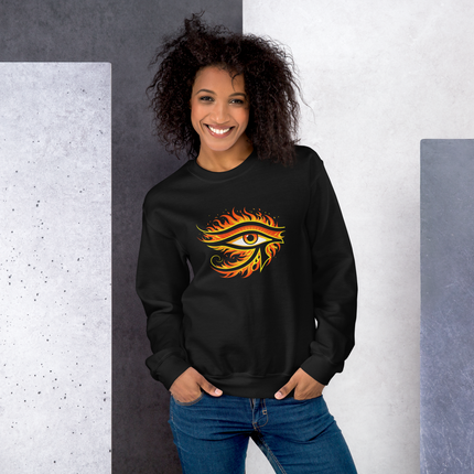 Ancient Egyptian Eye of Ra symbol graphic on a black pullover sweatshirt.